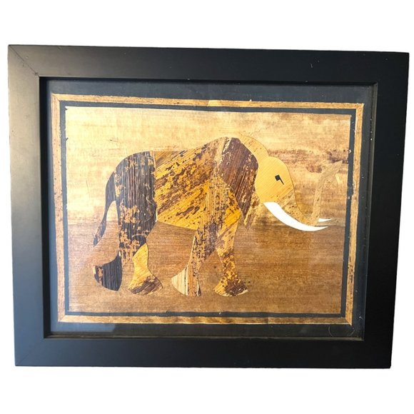 PAIR: FRAMED Wall Art Elephant Handmade Banana Leaf Fiber Paper Clippings Africa - Picture 2 of 7